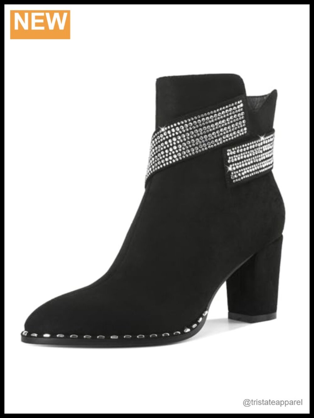 Chunky Heel Ankle Boots for Women Round Toe Beaded Heel Booties Rhinestone